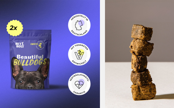 Beautiful Bulldogs Snacks Verpackung und Nahaufnahme Kibbles