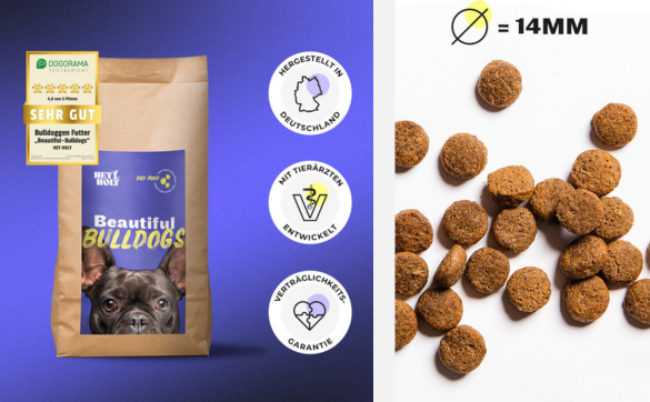 Beautiful Bulldogs Trockenfutterverpackung und Kibbles