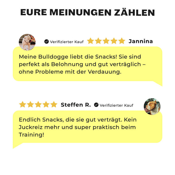 5-Sterne Kundenbewertungen für Beautiful Bulldogs Snacks für Bulldoggen