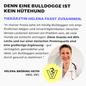 Tierärztin Helena Bröring-Veith im weißen Kittel mit Stethoskop, Veterinär-Logo und Zitat über Bulldoggen-Ernährung