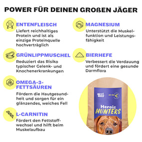 Inhaltsstoffe von HEY HOLY Heroic Hunters: Entenfleisch, Grünlippmuschel, Omega-3, L-Carnitin, Magnesium und Bierhefe für gesunde große Jagdhunde