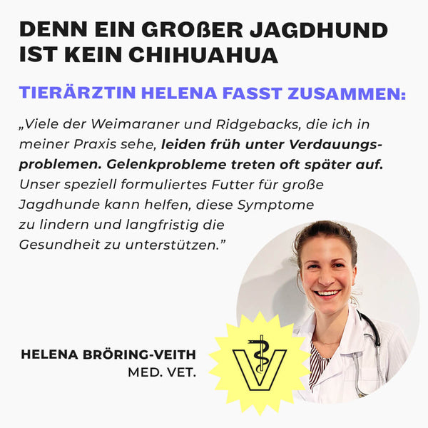 Tierärztin Helena Bröring-Veith im weißen Kittel, Veterinär-Logo und Zitat über Ernährung großer Jagdhunde