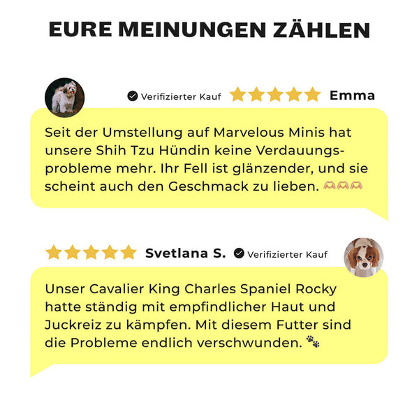 5-Sterne Kundenbewertungen für Marvelous Minis Forelle Trockenfutter für kleine Hunde