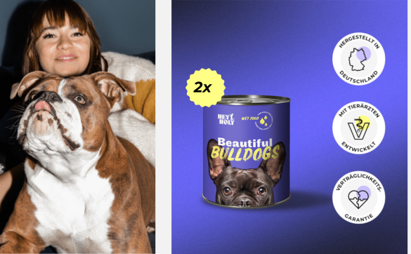 Beautiful Bulldogs Nassfutter neben einer Frau und einer Bulldogge