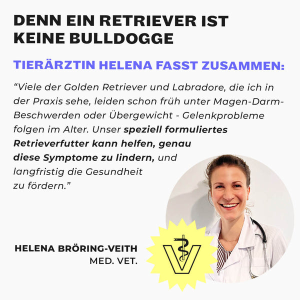Tierärztin Helena Bröring-Veith im weißen Kittel, Veterinär-Logo und Zitat über Retriever-Ernährung