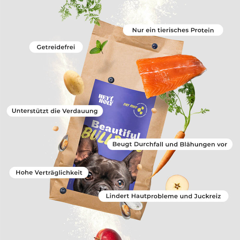 Beautiful Bulldogs Trockenfutter mit Abbildung der Inhaltsstoffe