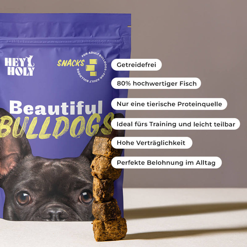 HEY HOLY Beautiful Bulldogs Hundesnacks Verpackung mit Französischer Bulldogge und braunen Leckerlis
