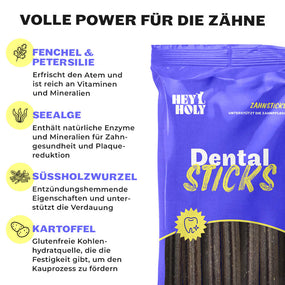 Blaue Dental Sticks Tüte neben Zutatenicons und kurzen Erklärungen zu natürlichen Inhaltsstoffen für Zahnpflege
