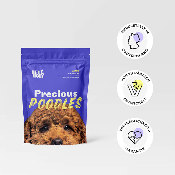 Gestapelter Turm aus HEY HOLY Precious Poodles Snacks mit Text „Softe Snacks in der perfekten Größe für Pudel und Doodle-Mischlinge“