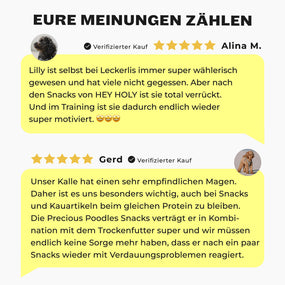 Vorteile der HEY HOLY Precious Poodles Snacks mit einem Toypudel: natürliche Inhaltsstoffe, hypoallergen, von Tierärzten entwickelt, getreide- und zuckerfrei