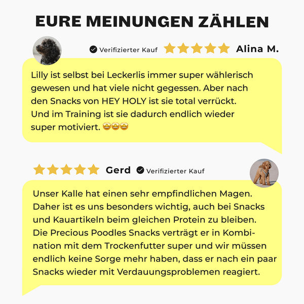 Vorteile der HEY HOLY Precious Poodles Snacks mit einem Toypudel: natürliche Inhaltsstoffe, hypoallergen, von Tierärzten entwickelt, getreide- und zuckerfrei