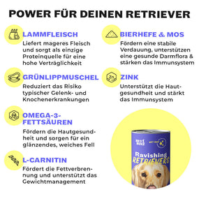 Retriever Nassfutter Inhaltsstoffe: Zink, Bierhefe, Grünlippmuschel, Zink, Omega-3