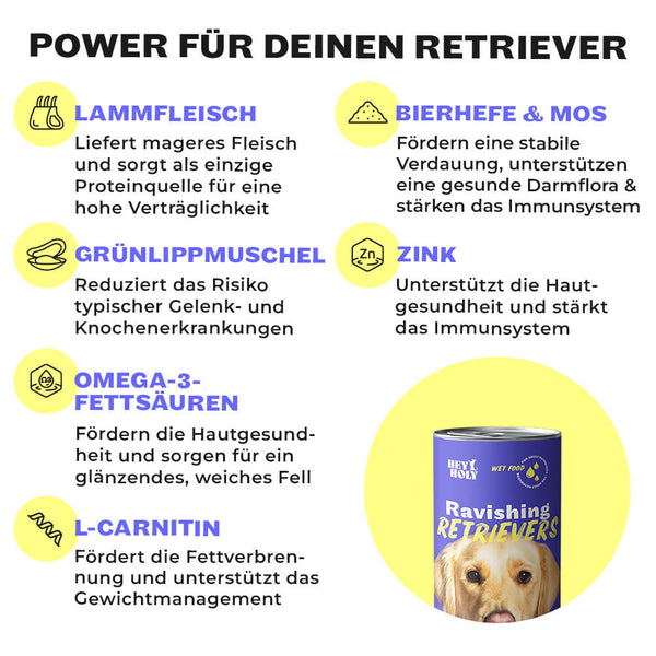 Retriever Nassfutter Inhaltsstoffe: Zink, Bierhefe, Grünlippmuschel, Zink, Omega-3
