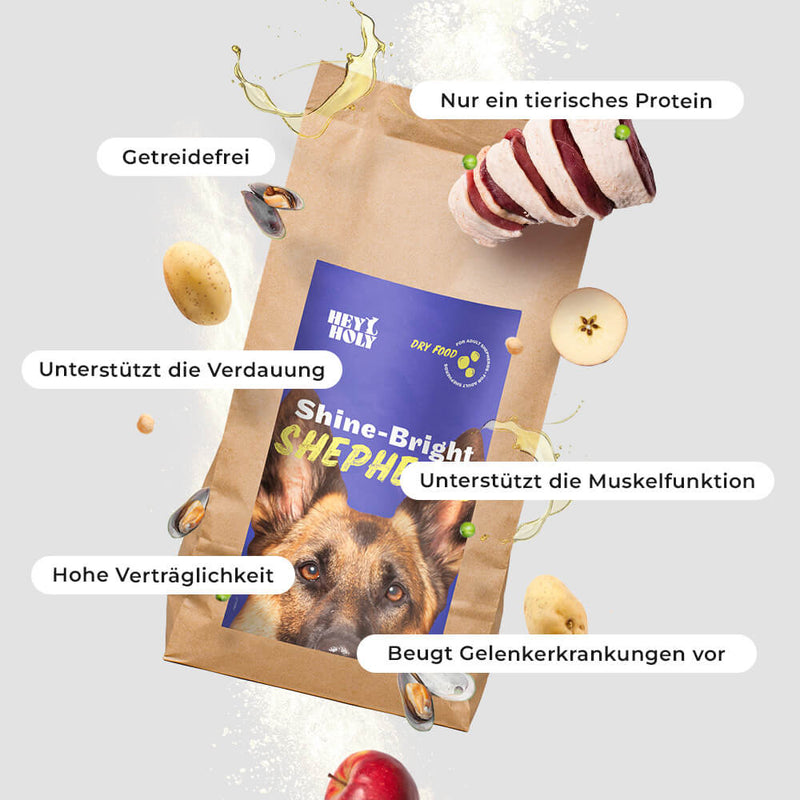 Shine Bright Shepherds Trockenfutter mit Schäferhund und schwebenden Zutaten wie Kartoffeln und Ente