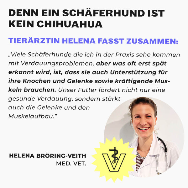 Tierärztin Helena Bröring-Veith im weißen Kittel, Veterinär-Logo und Zitat über  Schäferhund-Ernährung