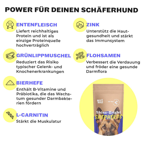 HEY HOLY Shine-Bright Shepherds Trockenfutter Futterprobe Inhaltsstoffe